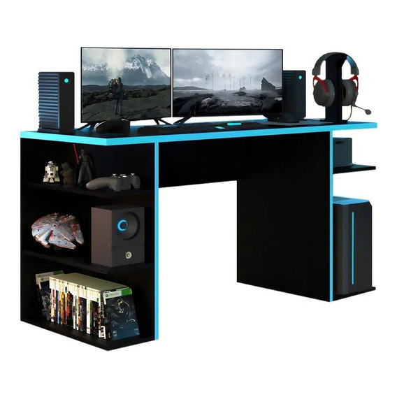 Escritorio gamer Madesa Mesa para computador gamer 9409 mdp de 136cm x 75cm x 60cm negro y azul