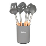 Set 6 Utensilios Hudson Nylon Mango Madera Espatula Cucharon Color Gris