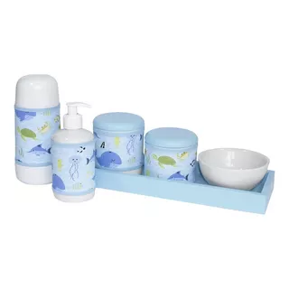 Kit Higiene Completo Garrafa Térmica Porcelanas Fundo Do Mar Cor Azul