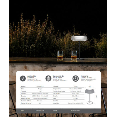 Lampara Velador De Mesa Umbrella Inalámbrica Led Dimer Mc