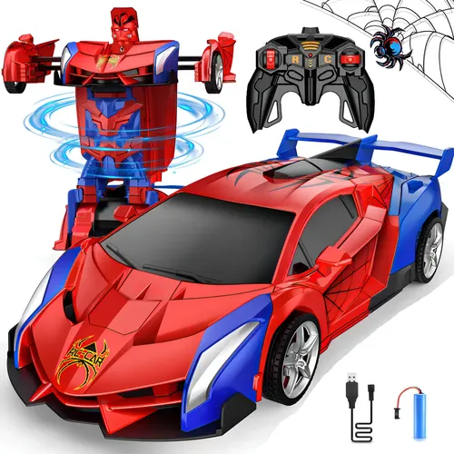 FDJ Automóvil a control remoto – Robot de automóvil transformable 2 en 1, deformación de un botón para robot con luces intermitentes, coche transformador a escala 1