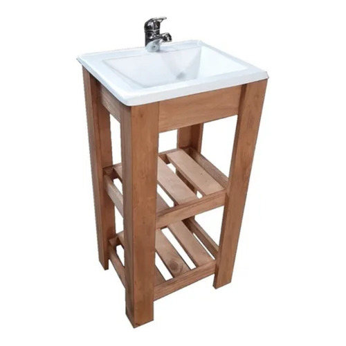 Mueble para baño DF Hogar Campo pie + bacha + grifería de 40cm de ancho, 80cm de alto y 33cm de profundidad, con bacha color blanco y mueble nogal claro con un agujero para grifería