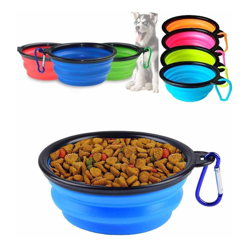 Plato De Goma Plegable Portátil Mascotas Perro Y Gato Silico Color Azul