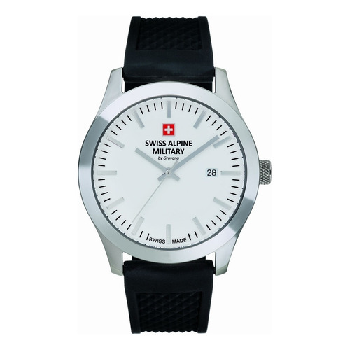 Reloj Swiss Alpine Military Combat Basic 7055.1833sam Malla Negro Bisel Plateado Fondo Blanco