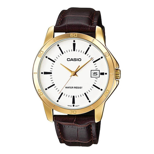 Reloj pulsera Casio MTP-V004 con correa de cuero color marrón - fondo blanco - bisel dorado