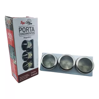 Porta Temperos Imã Geladeira 3 Potes Inox Magnético