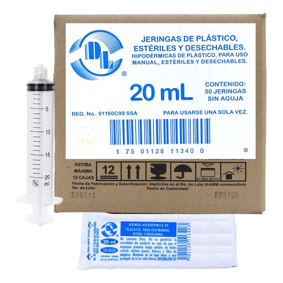 50 Jeringas De Plástico 20 Ml Sin Aguja Grado Médico