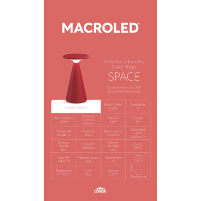 Velador De Mesa Space Rojo Inalámbrica Led Mc