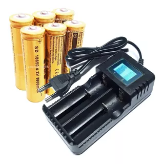 Carregador + 6 Bateria 9800mah 18650 4,2v Gold Lanterna Led