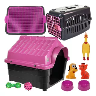 Kit Casinha Para Cães Caixa De Transporte Cachorro Sanitario Cor Rosa