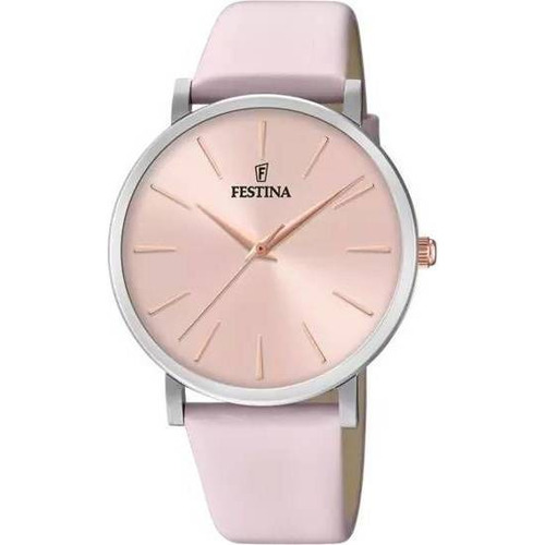 Reloj pulsera Festina Boyfriend F20371 de cuerpo color gris, analógico, para mujer, fondo rosa, con correa de cuero color rosa, agujas color oro rosa, dial oro rosa, bisel color plateado