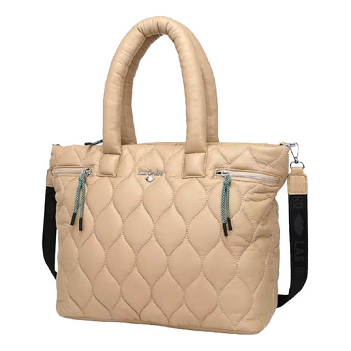 Cartera De Mujer Las Oreiro Grande Bolsillos Forrada Moda Color Beige Diseño De La Tela Liso