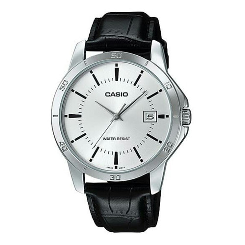Reloj pulsera Casio MTP-V004 con correa de cuero color negro - fondo blanco - bisel plata