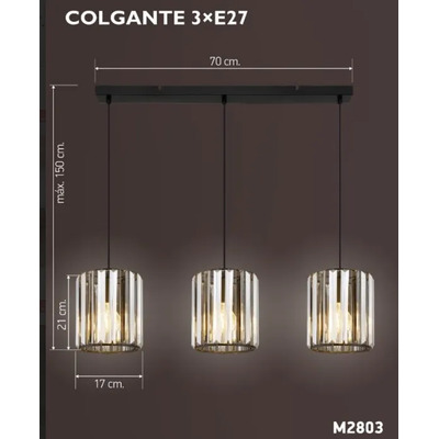 Colgante 3 Luces Cristal Fume Apto Led E27 Mks