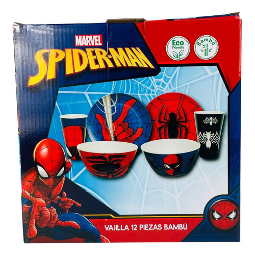 Vajilla De Spiderman De Bambu 12 Piezas Color Rojo