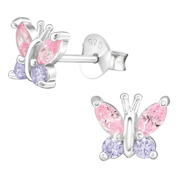 Aros Mariposa Rosa Lila Plata 925 Niña Mujer Hipoalergénicos