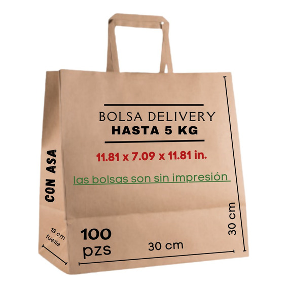 100 Bolsas De Papel Con Asa 30x18x30 Cm Ecológica Delivery 