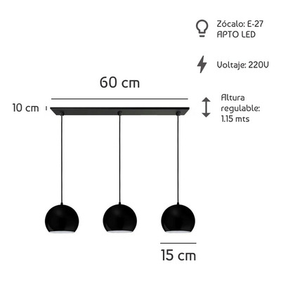 Colgante 3 Luces Bocha 15cm Negro Moderno Apto Led E-27 