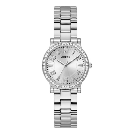 Reloj De Pulsera Guess Steel Gw0383l1 De Cuerpo Color Dorado, Analógico, Para Mujer, Fondo Plateado, Con Correa De Piel Genuina Color Plateado2, Bisel Color Plateado Y Hebilla Simple