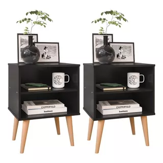 Conjunto 2 Mesas De Cabeceira Kit Decoração Quarto Retrô Cor Preto