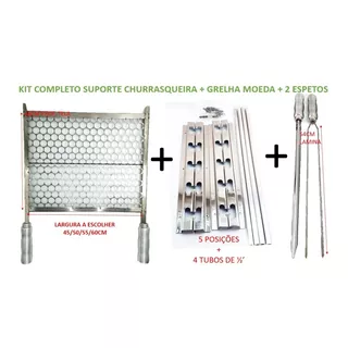 Kit Completo Churrasqueira: Suportes + Grelha Moeda + Espeto