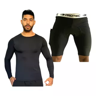 Kit Blusa Térmica Proteção Uv E Bermuda Ciclismo Com Bolso