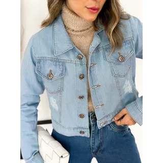 Jaqueta Curto Jeans Feminina Tendência Blogueiras Rasgado