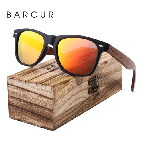 Anteojos de sol polarizados Barcur BC8700 con marco de policarbonato color negro, lente naranja de triacetato de celulosa espejada, varilla madera de nogal