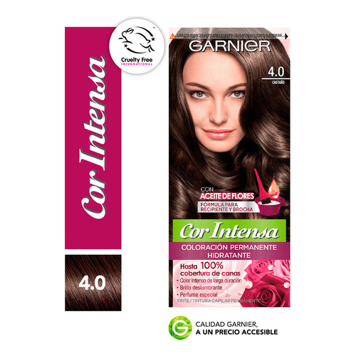 Kit Tinta, Oxidante Cor Intensa  Aceite de flores Kit Coloración Permnente Hidratante Garnier Cor Intensa tono 4.0 castaño 20Vol. para cabello