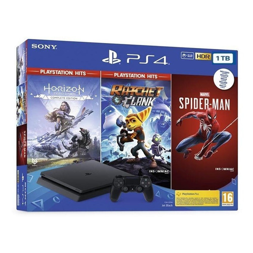 Sony PlayStation 4 Slim 1TB Mega Pack: Marvel's Spider-Man/Horizon Zero Dawn Complete Edition/Ratchet & Clank color  negro azabache