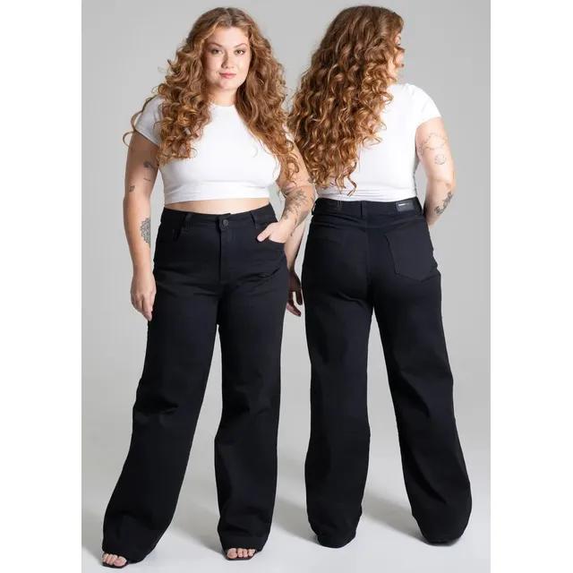Calça Feminina Sarja Plus Size Wide Leg 277207 Preta Sawary
