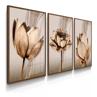 Quadro Decorativo Quarto Sala Flor Abstrato Ton Cobre Gold Cor Da Armação Madeira