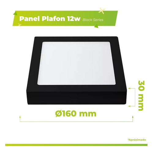 Panel Plafon Led 12w Cuadrado Aplicar Negro Macroled 3000k