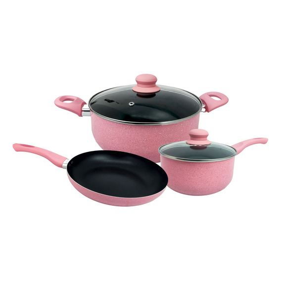 Set Olla Cacerola Sartén Antiadherente Teflon Fary Home Bz3 Color Granito Rosa