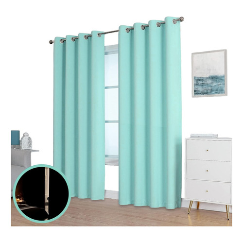 Juego De Cortinas Blackout 280 X 215cm En 2 Paneles Con Aros Color Agua