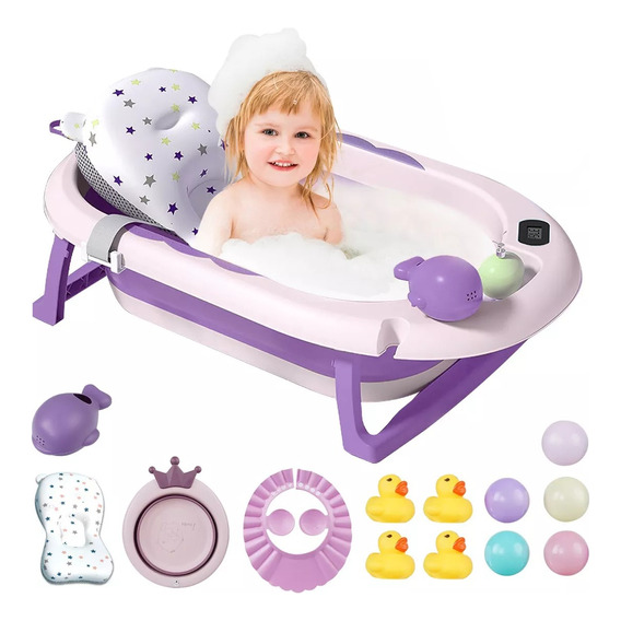Bañera Bebés Plegable Tina De Baño Con Cojin Y Termometro