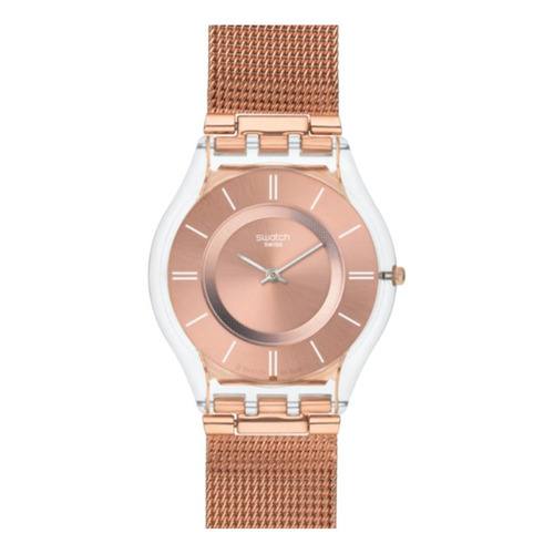 Reloj pulsera Swatch Originals Hello darling de cuerpo color transparente, analógica, para mujer, fondo rosa dorado, con correa de acero inoxidable color rosa, agujas color plateado, dial rosa, bisel color transparente y hebilla de gancho