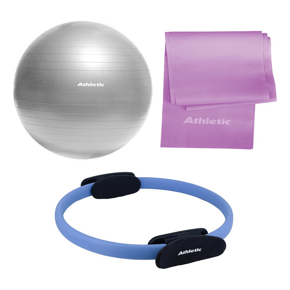 Pelota Pilates 65cm+ Anillo Pilates+ Banda Elástica Athletic Color Gris