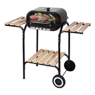  Sangkee K10135 Asador De Carbón 47 * 45cm Parrilla Grill Para Ahumador Al Aire Libre Con Mesas Auxiliares 3 Estantes De Almacenamiento De Madera Con Ruedas Color Negro