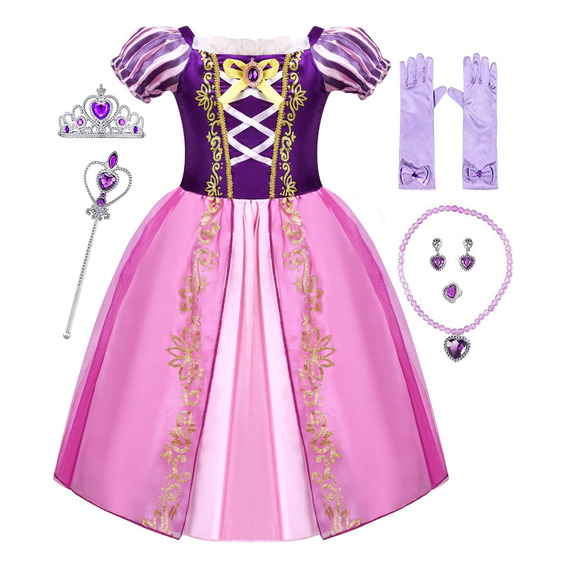 Vestido De Princesa Rapunzel, Disfraz De Falda Larga/ Tangled Diseña Niña, Halloween, Fiesta De Cumpleaños O Cosplay, Vestir Con Accesorios