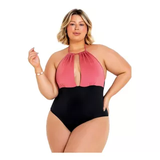 Maiô Plus Size Preto Com Rosa Frente Única Decote Vazado