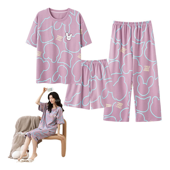 3 Piezas Pijamas De Moda De Cuello Redondo Para Mujer Algodó