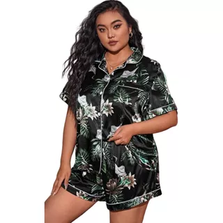 Conjunto Pijama Satén Negro Floral Short Tallas Extra 2xl 4x