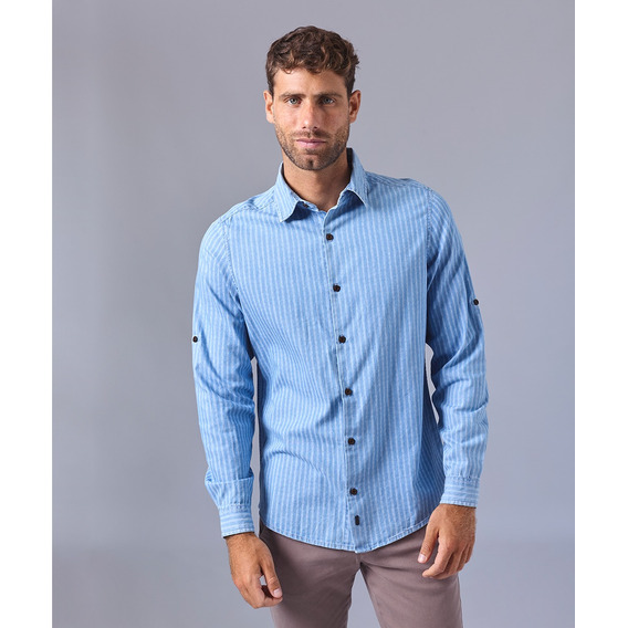 Mbo Camisa Ml Denim A Rayas Classic Fit Celeste A Rayas