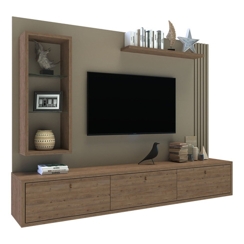 Panel Tv Rack Flotante Delos Dro04 Varillado Hasta 65´´ Color Roble Davos Marrón Trufa/gris Arcilla