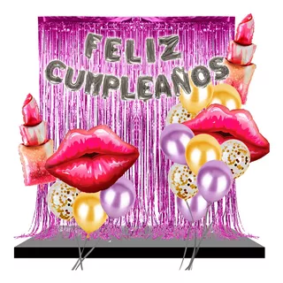 Kit Cumpleaños Globos Metálicos De Beso Labios Lipstick E61