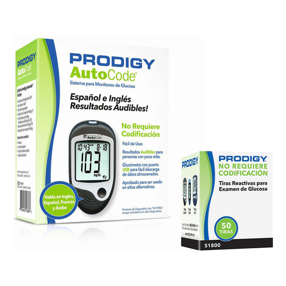 Glucometro Prodigy Autocode Con Voz + 60 Tiras + 10 Lancetas