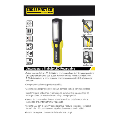 Linterna Trabajo Led Recargable 3 W Crossmaster 9932726 Color de la linterna Amarillo Color de la luz Blanco