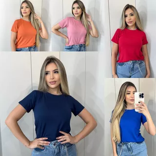 Kit 5  Blusas T-shirt Feminina Lisa Básica Manga Curta 