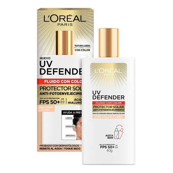 Protector Solar Loreal Uv Defender Fluido Tono Claro 40 Grs